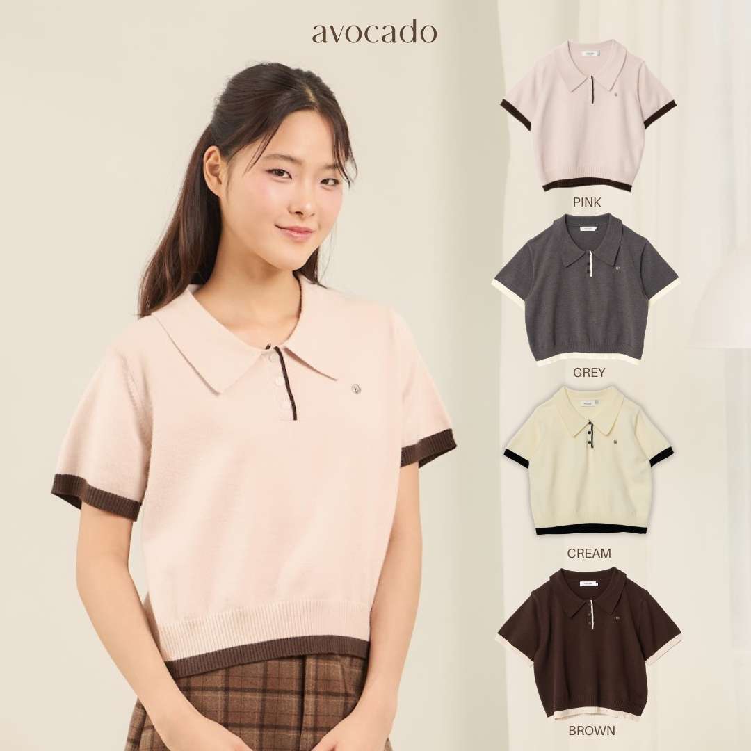 avocado - Twinny Knit Polo เสื้อโปโลทรงครอป เนื้อผ้าไหมพรม ดีเทลขอบทูโทน
