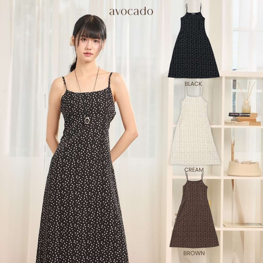 avocado - Hanako Dress เดรสลายดอกผ้าโพลีเอสเตอร์ มีซับใน สายปรับได้