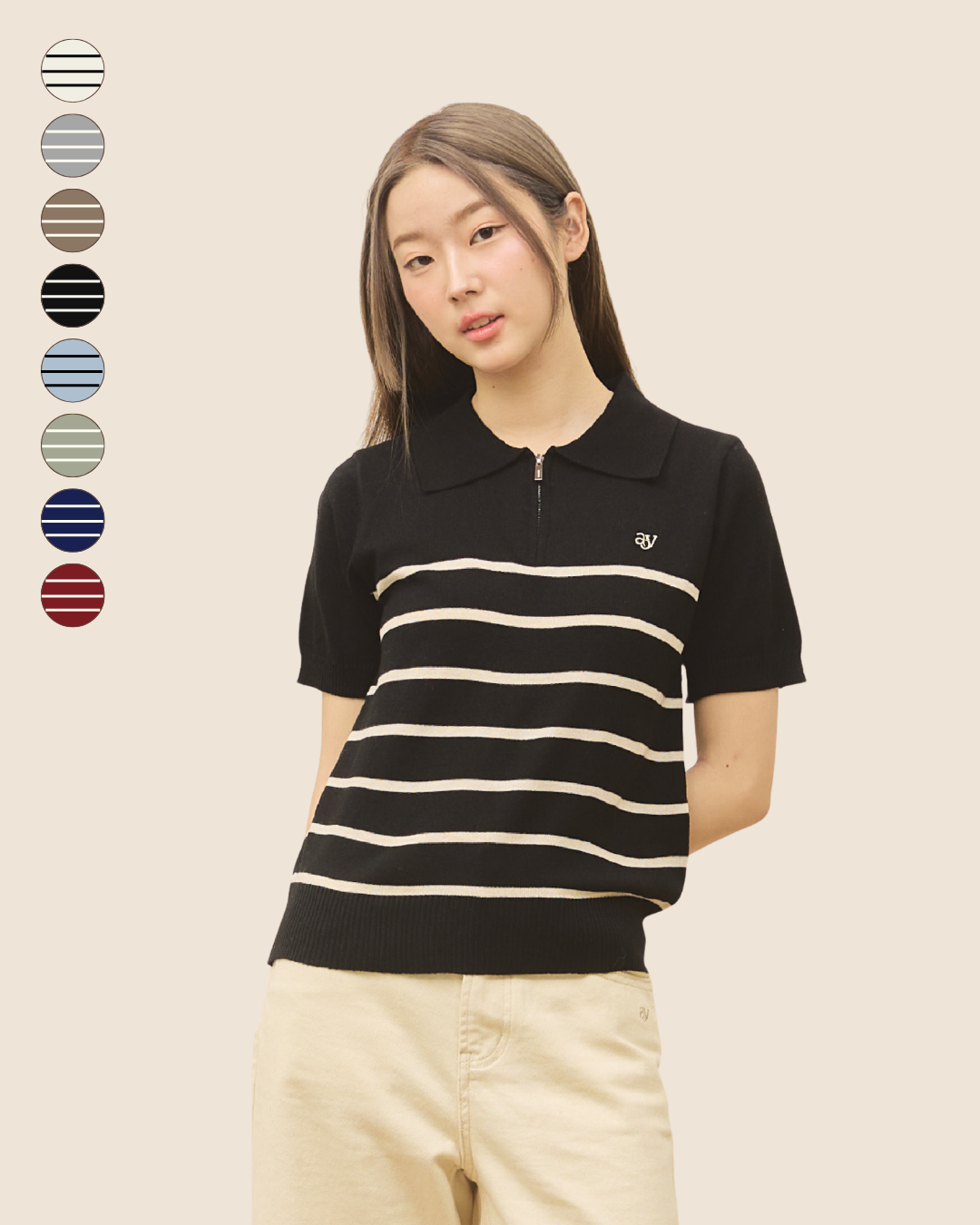 avocado - Tenya Line Tops เสื้อโปโลแขนสั้น ลายทางดีเทลซิปหน้า ผ้าใส่สบาย I มีไซส์อก 38" และ 46"