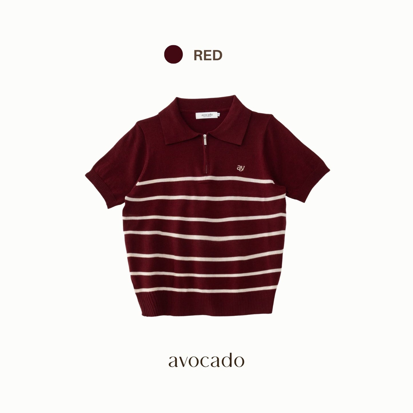 avocado - Tenya Line Tops เสื้อโปโลแขนสั้น ลายทางดีเทลซิปหน้า ผ้าใส่สบาย I มีไซส์อก 38" และ 46"