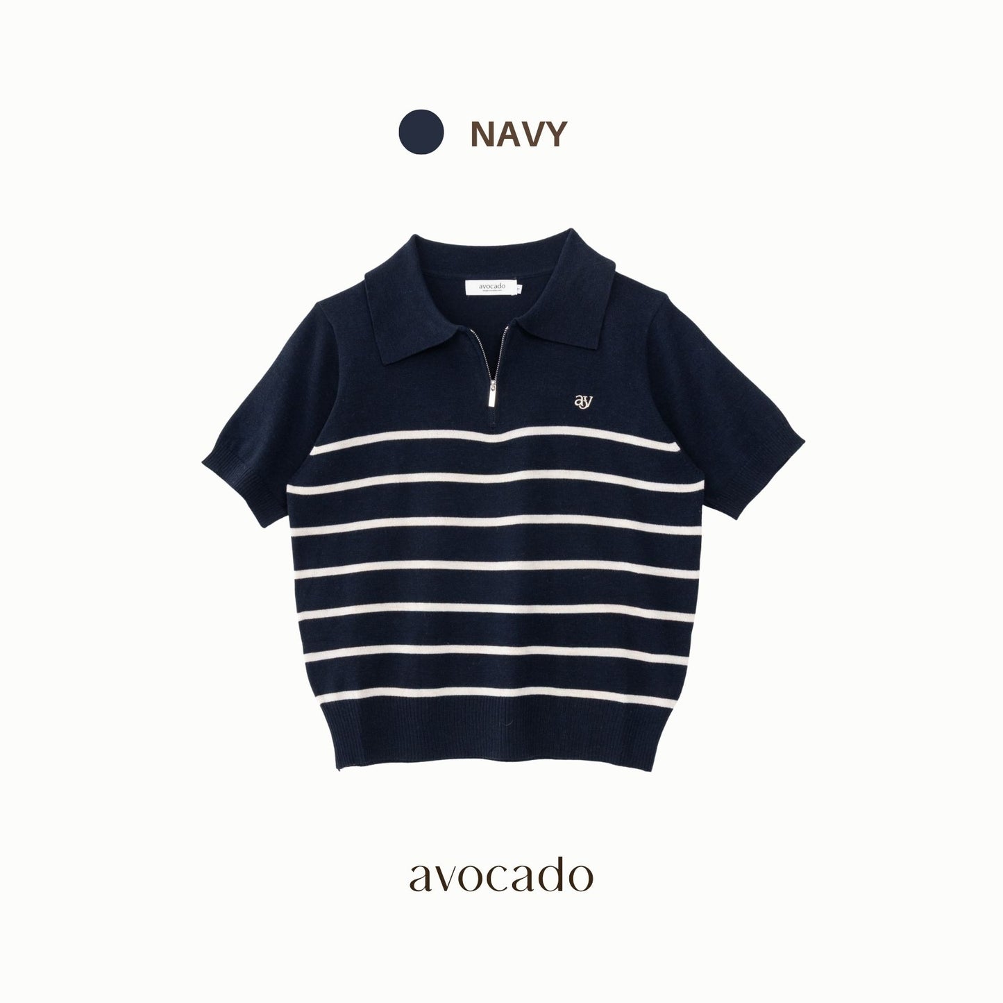 avocado - Tenya Line Tops เสื้อโปโลแขนสั้น ลายทางดีเทลซิปหน้า ผ้าใส่สบาย I มีไซส์อก 38" และ 46"