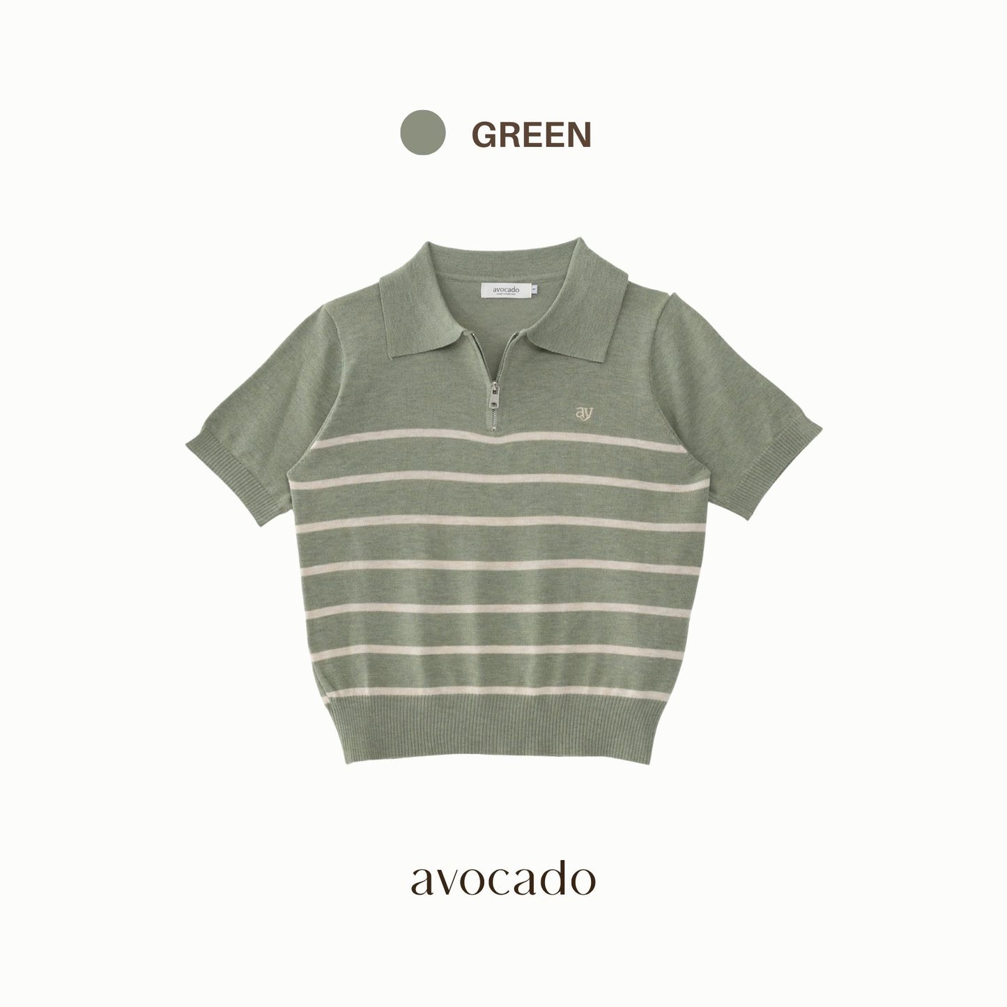 avocado - Tenya Line Tops เสื้อโปโลแขนสั้น ลายทางดีเทลซิปหน้า ผ้าใส่สบาย I มีไซส์อก 38" และ 46"