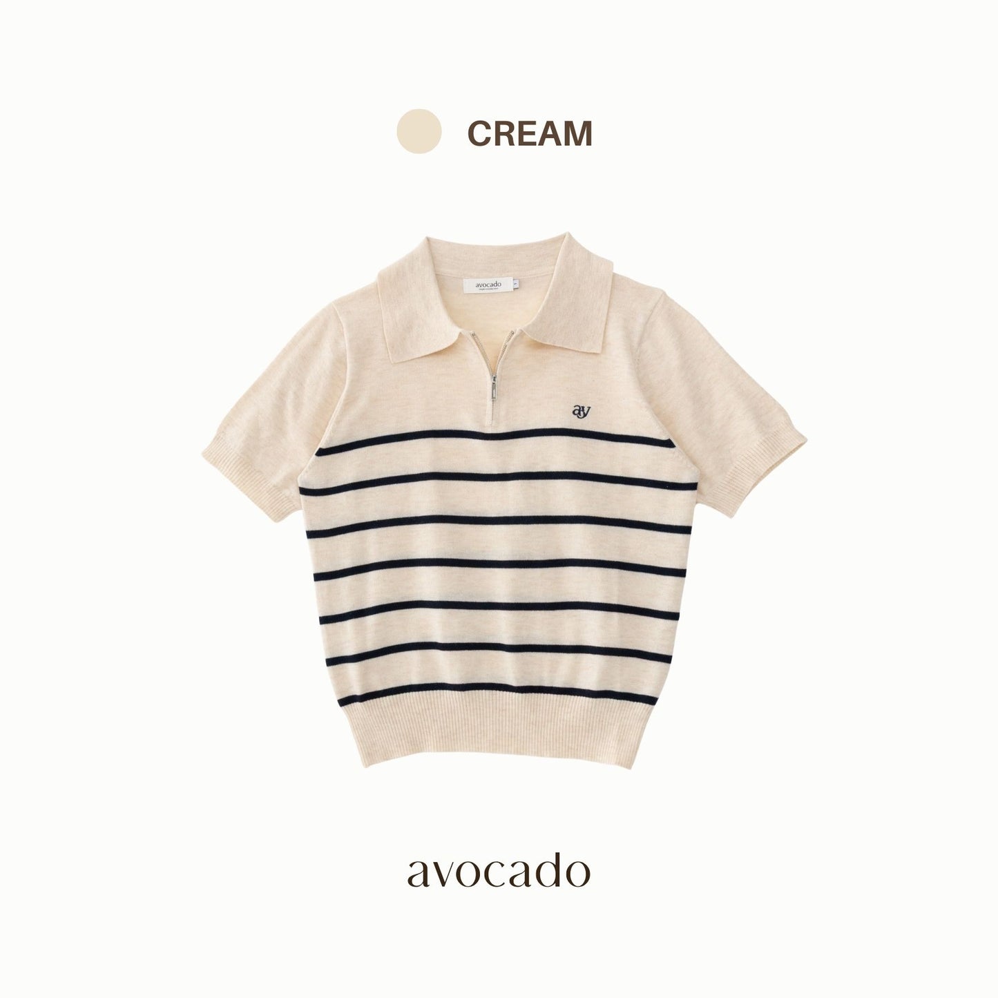 avocado - Tenya Line Tops เสื้อโปโลแขนสั้น ลายทางดีเทลซิปหน้า ผ้าใส่สบาย I มีไซส์อก 38" และ 46"
