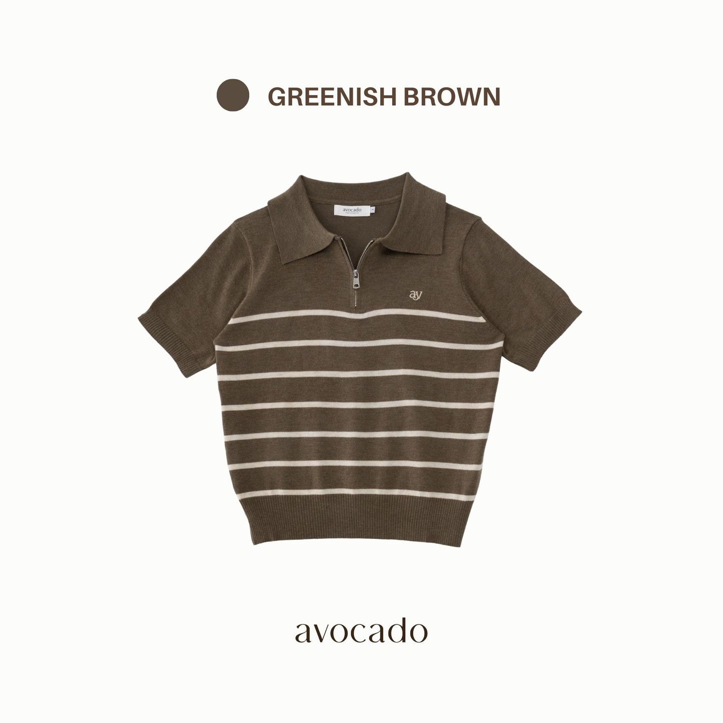 avocado - Tenya Line Tops เสื้อโปโลแขนสั้น ลายทางดีเทลซิปหน้า ผ้าใส่สบาย I มีไซส์อก 38" และ 46"