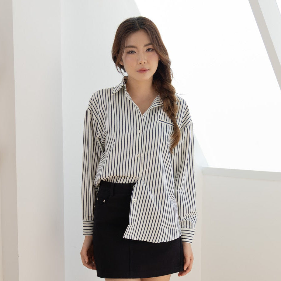 avocado - Rico Line Shirt เสื้อเชิ้ตลายทางดีเทลเนื้อผ้าอัดยับ