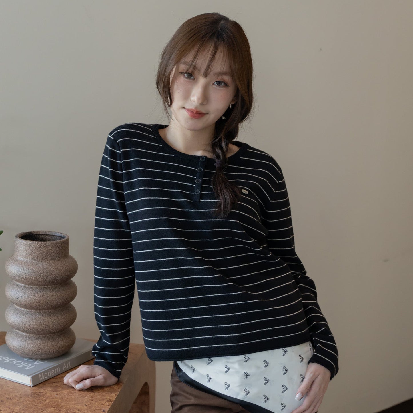 avocado - Chiko Line Tops เสื้อแขนยาวไหมพรมลายทาง