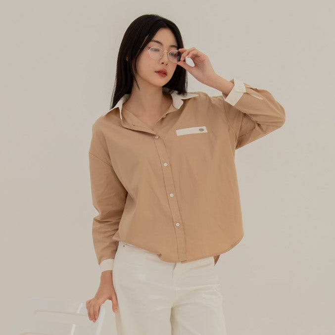 avocado - Julian Shirt เสื้อเชิ้ตสีพื้นผ้า cotton ดีเทลตัดปกสีครีม