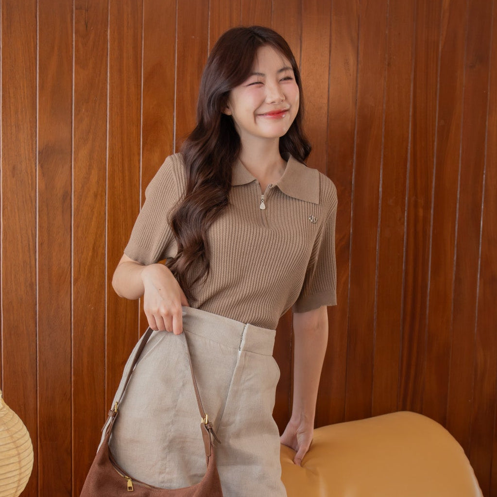 avocado - Barber Zip Polo เสื้อโปโลผ้าไหมพรมถัก waffle