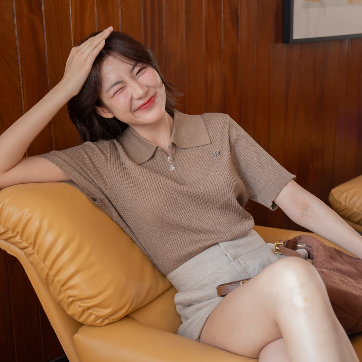 avocado - Barber Zip Polo เสื้อโปโลผ้าไหมพรมถัก waffle