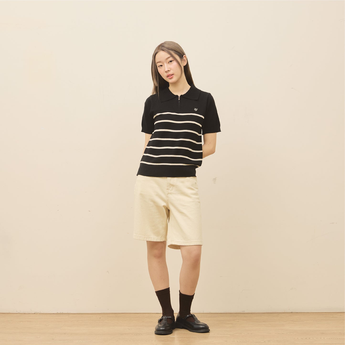 avocado - Tenya Line Tops เสื้อโปโลแขนสั้น ลายทางดีเทลซิปหน้า ผ้าใส่สบาย I มีไซส์อก 38" และ 46"